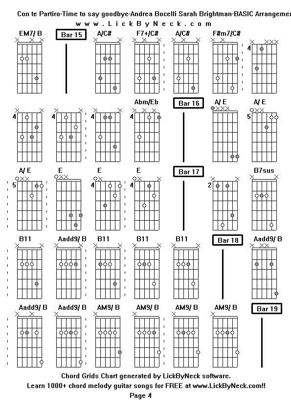 Chord Grids Chart of chord melody fingerstyle guitar song-Con te Partiro-Time to say goodbye-Andrea Bocelli Sarah Brightman-BASIC Arrangement,generated by LickByNeck software.